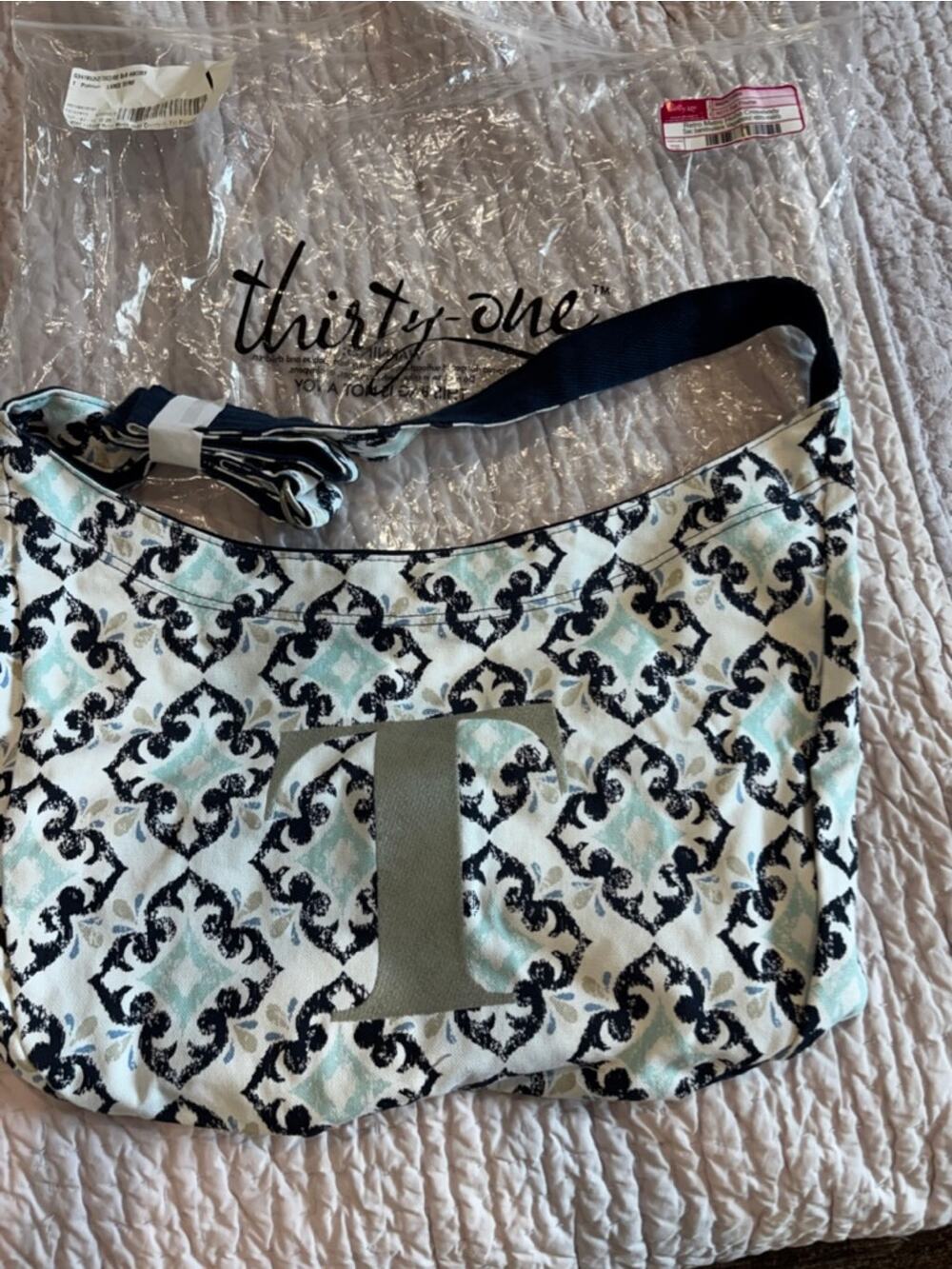 Thirty-One Retro Metro Hobo Crossbody Bag Fab Flourish Print "T" Monogram
